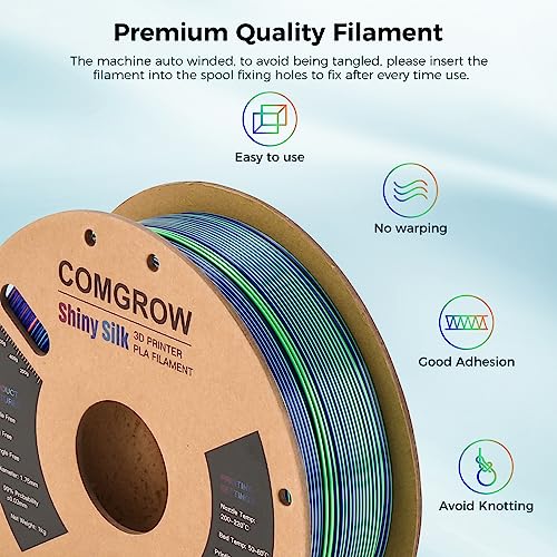 Image of Comgrow Tri-Colors Silk PLA 3D Printer Filament, Rainbow PLA Filament 1.75mm, Dimensional Accuracy + /- 0.02 mm, 1KG Spool, Coextrusion 3D Filament with Shiny Silk Blue-Green-Orange