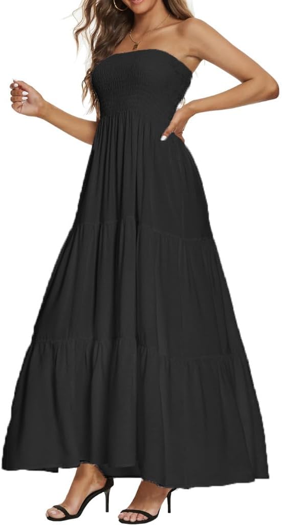 Women's Casual Off Shoulder Maxi Dress Strapless Tube Top Bohemian Beach Long Dresses 092
