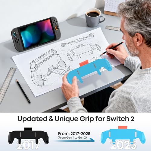 Image of OIVO Grip Compatible with Nintendo Switch 2, Switch 2 Ergonomic Grip Case with Adjustable Stand, Comfort Game Accessories with 5 Game Card Slots and 4 Thumb Caps, Blue Orange