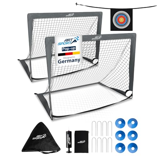 ArtSport Pop-up Fußballtor Goal Master - 2er Set mit Zubehör - faltbar & schnell spielbereit - 2 Fußballtore Indoor & Garten - Fußball Tor - Grau