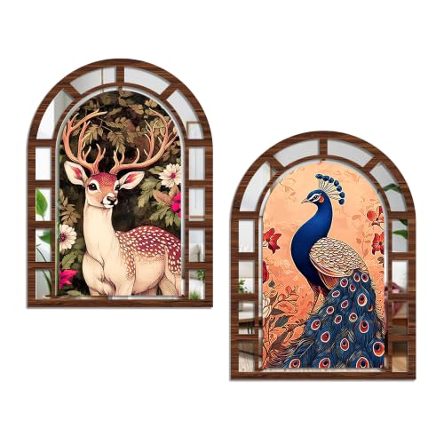 Image of Artvibes Royal Peacock & Deer Forest Theme Artistic Wall Decor | Jharokha Mirror Wall Hanging for Living Room, Hall, Bedroom, Dining Room, Foyer & Entranc | Gift (WHJ 12042N), Set of 2