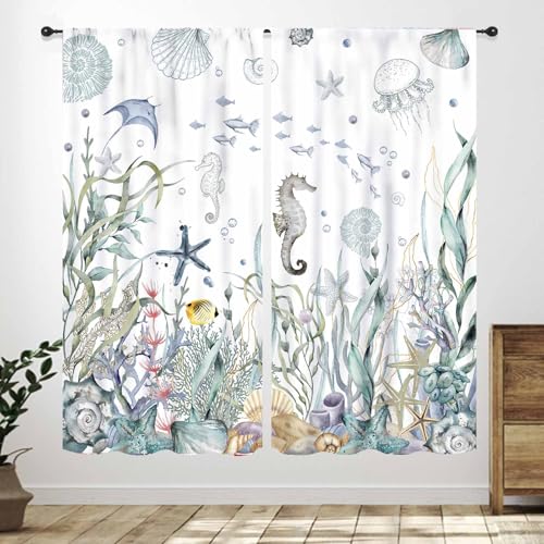 Nautical Beach Curtains,Coastal Seahorse Undersea Animal Blue Bedroom Kids Room Drapes Treatments,Ocean Coral Summer Living Room Bathroom Window...
