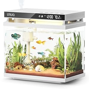 Fish Tank Smart Aquarium Kit: URUQ 2 Gallon Self Cleaning Multi-Layer Filtration System Silent Pump – UHD Glass 7-Color Lighting Temperature Monitoring – Fragrance Diffuser Humidifier White