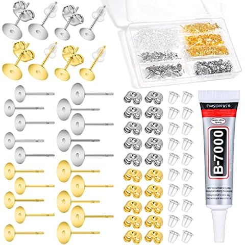 anezus Jewelry Glue with Earring Posts for Jewelry Making, 600pcs Stainless Steel Earring Posts and Backs Silver and Gold Earring Posts with Rubber Earring Backs for Earring Making Supplies Cover