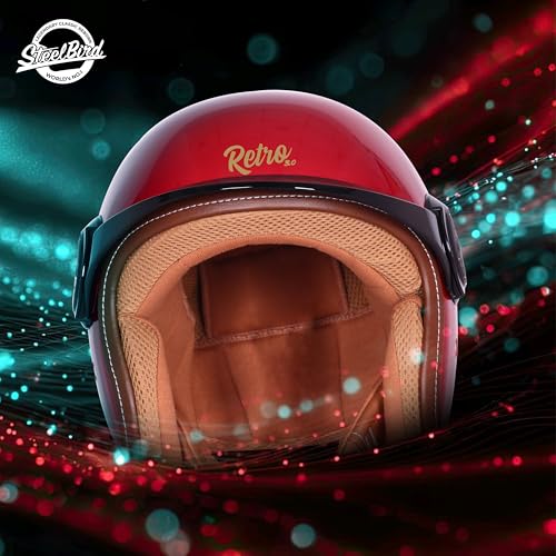 Image of Steelbird SBH 65 Retro 3.0 DOT and ISI Certified Open Face Helmet for Men and Women (Large 600 MM,Glossy Cherry Red with Black Peak)
