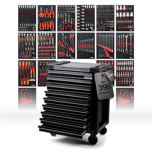 Mephisto ProLine Full Black Chariot d'atelier avec 9 tiroirs, Tous remplis d'outils tels Que clé, clé à cliquet avec boîte à écrous, Tournevis, VDE avec...