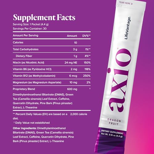 Image of LifeVantage AXIO Regular Energy Drink Powder, Nootropic Supplement, Focus & Mood Support, with L-theanine, Green Tea, B Vitamins, DMAE, Quercetin & Pine Bark, Dragon Fruit, 30 Packets
