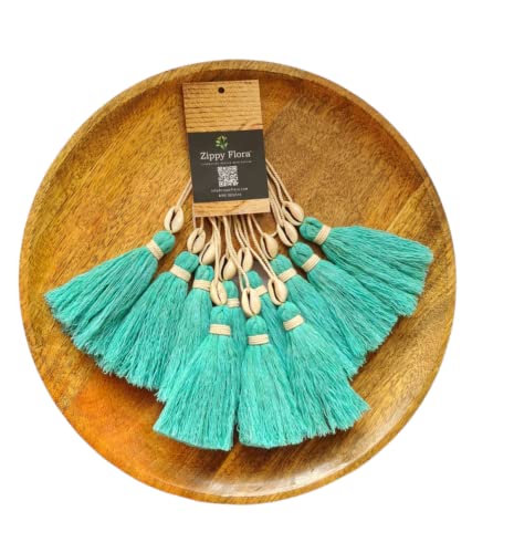 Image of Zippy Flora Handmade Cotton Tassels with Cowrie Shells for DIY & Crafts Project, Pack of 10 (Turquoise Blue)