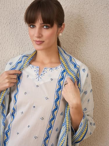 Image of INDO ERA Women's Pure Cotton Straight Ethnic Motifs Printed Inches Kurta With Pant with Dupatta Set (IESTR9762)