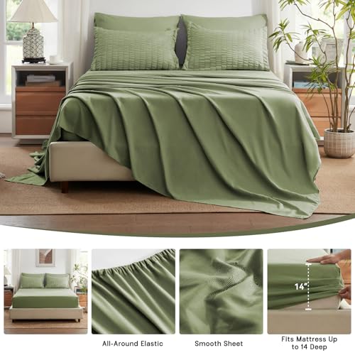 Image of Zzlpp Full Comforter Set 7 Pieces, Olive Green Seersucker Bed in a Bag with Comforter and Sheets, All Season Bedding Sets with 1 Comforter, 2 Pillow Shams, 2 Pillowcases, 1 Flat Sheet, 1 Fitted Sheet