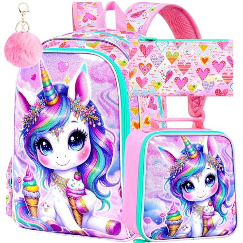 Image of AGSDON 3PCS Unicorn Backpack for Girls, 16 inch Kids Backpacks for Girl Water Resistant Preschool, Elementary Bookbag with Lunch Box