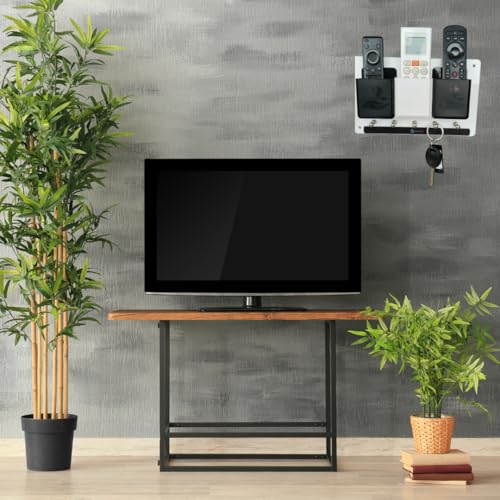 Image of Rainbow Dots ABS Remote Holder with Stainless Steel Key Hooks & Mobile Stand - Modern Wall Mount Organizer for Living Room, Entryway & Office (Black & White Remote)