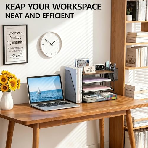 Image of OPNICE Desk Organizers and Accessories, 4-Tier Desktop File Organizer with Drawer and Pen Holders, Office Desk Accessories Workspace Organizers for Office Supplies (Brown)
