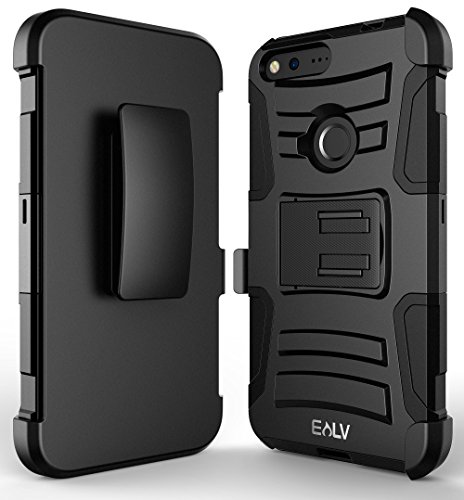 Google Pixel XL Case, E LV Belt Swivel Clip / Kickstand - Dual Layer Armor Holster Defender Full Body Protective Case Cover for Google Pixel XL - [BLACK]