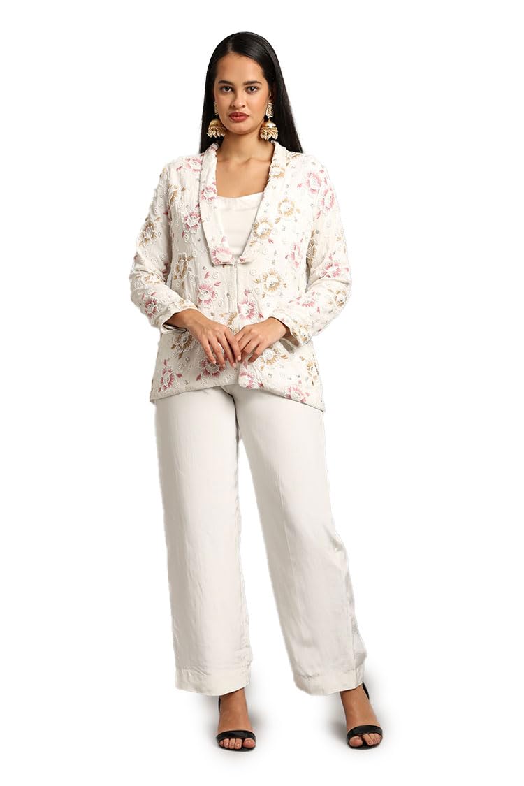 Women's White Embroidered 3-Piece Set, Floral Jacket with Crop Top and Palazzo Trousers, Georgette and Crepe-image-44