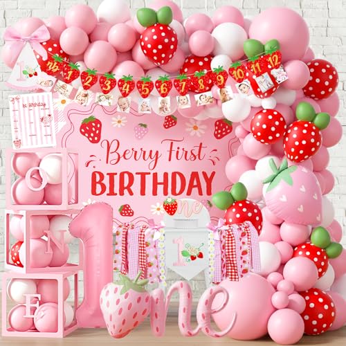 Berry First Birthday Decorations for Girls Strawberry 1st Birthday Sweet One Party Supplies Baby Girl First Bday Decor with Balloon Garland Arch Kit Highchair Banner Backdrop ONE Boxes