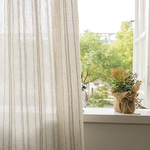 SUOUO Linen Textured Striped Semi-Sheer Curtains for Living Room 84
