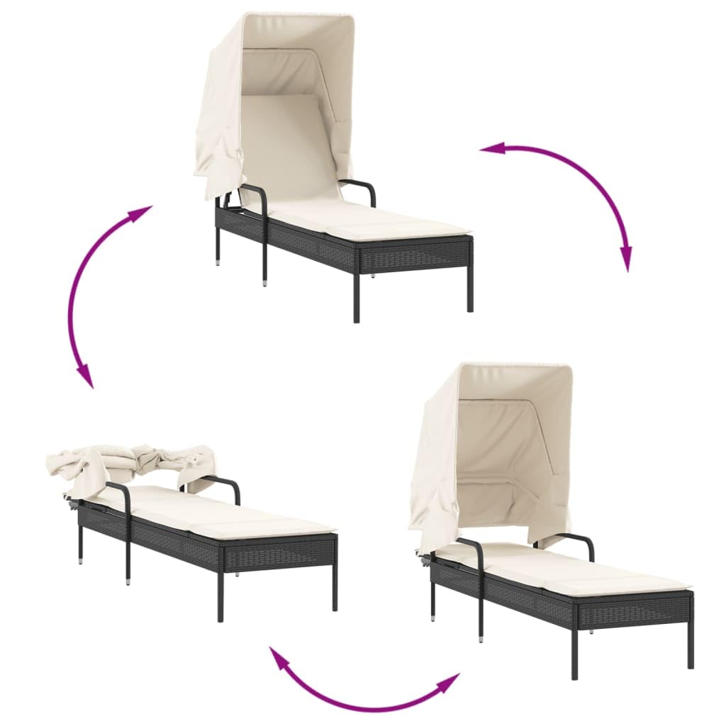 Lettino prendisole con tettuccio parasole estensibile e tavolino da tè, in rattan sintetico, schienale regolabile in 4 posizioni, cuscino spesso imbottito, portata fino a 110 kg