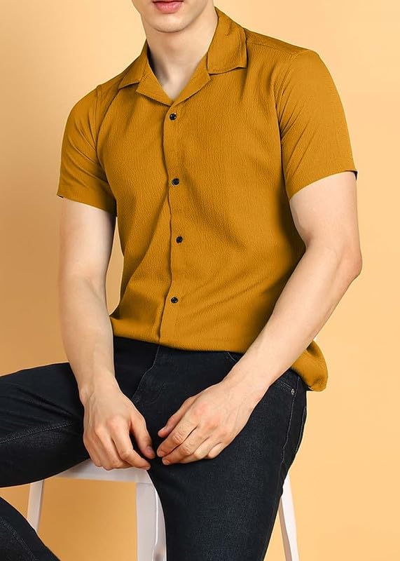 Image of COMBRAIDED Men's Solid Cotton Blend Half Sleeve Shirt - Regular Fit Casual Button-Down Shirt for Office & Travel - Summer & Spring