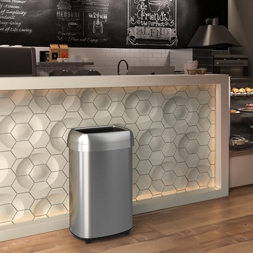 Image of iTouchless 13 Gallon Open Top Kitchen Trash Can Recycling Bin with Wheels and Double Odor Filters Oval Commercial Stainless Steel 50 Liter Trashcan for Home Office Work Bedroom Livingroom Garage