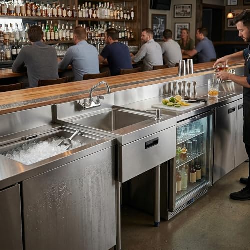 Image of 22.5 in. x 18 in. Stainless Steel Underbar Hand Sink with Soap and Towel Dispensers, 14 in. x 16 in. Bowl, Faucet, and Drain Basket