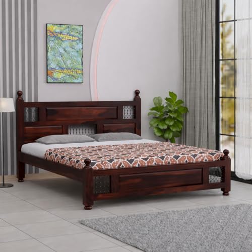 Image of Classic Jali Sheesham Wood King Size Bed Without Storage (84x74 Inch) | Wooden Double Bed Cot for Bedroom Furniture | Modern Palang Design for Home & Hotels | Walnut Finish