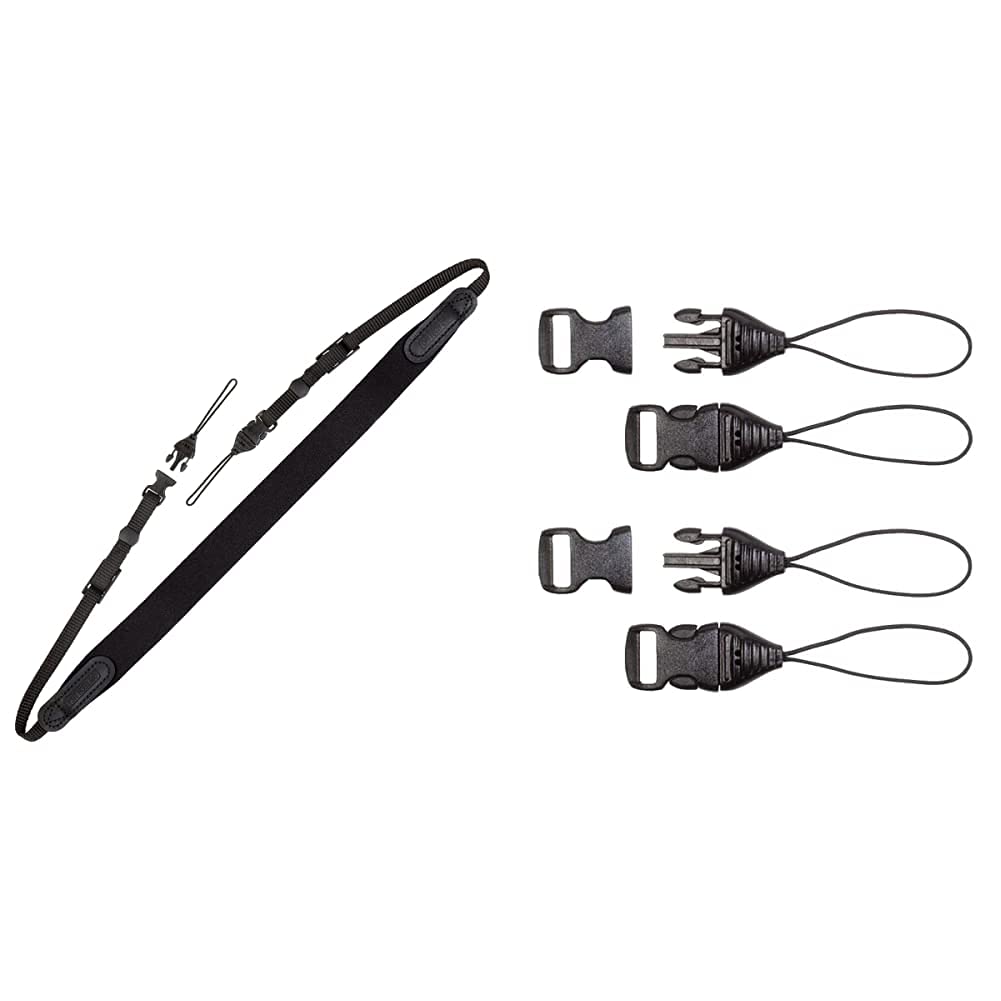 OP/TECH 2201021 Bin/Op Strap QD for Compact Cameras and Binoculars - Black & 1301112 1mm Mini QD Loops (Black) - Pack of 4
