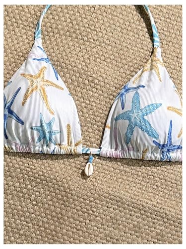WDIRARA Women's Starfish Print Halter Triangle Bikini Tops Tie Back String Swimsuit Top4