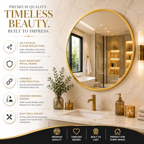 Image of The Arts Box 24 Inch Gold Round Mirror for Bathroom, Entryway & Vanity - Modern Wall Mounted Circle Mirror with Brushed Brass Metal Frame for Living Room, Bedroom, Wash Basin & Home Decor