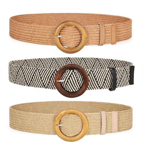 JASGOOD 3 Pack Women Straw Woven Elastic Belts
