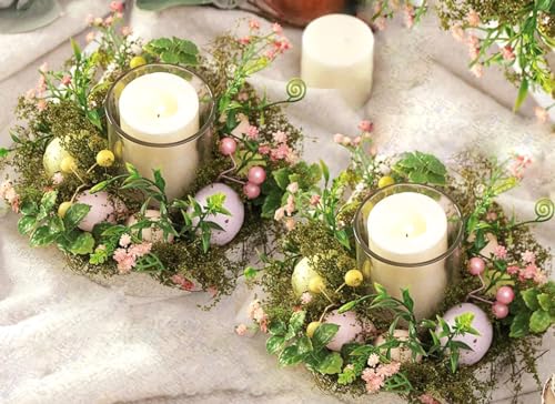 2pcs 6” Easter Eggs Candle Glass Cup, Spring Artificial Flower Greenery Romantic Votive Tealight Candlestick Holder with Faux Plants Home Coffee Table Decor Centerpiece Indoor Easter Craft Gift