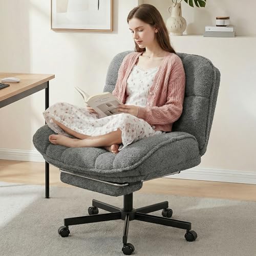 Image of DurayLoly Criss Cross Office Chair with Foot Rest, 26.77 inch Wide Cross Legged Office Chair with 7 inch Thick Backrest, Height Adjustable & 360Swivel, Desk Chair for All-Day Comfort (Misty Gray)