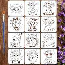 FINGERINSPIRE 12PCS Cute Calf Painting Stencils with Paint Brush 7.9x7.9inch Flower Cow Farmhouse Drawing Templates Highland Cattle Stencils Cartoon Animal Theme Template for Wall Floor Decoration
