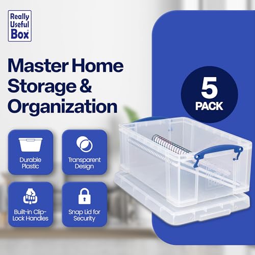 Image of Really Useful Box Stackable 9 Liter Plastic Storage Container, 5 Pack | Bin with Snap Lid & Built-In Clip Lock Handles for Home & Office Organization
