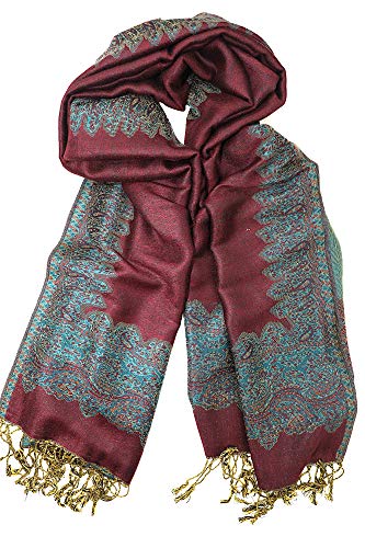 Achillea Soft Silky Reversible Paisley Pashmina Shawl Wrap Scarf w/Fringes (Border Wine)
