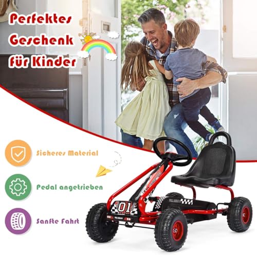 FANTASK Gokart mit verstellbarem Sitz, Go Cart mit Handbremse, Tretauto bis 30 kg belastbar, Kinderfahrzeug für Kinder von 3-6 Jahren (Rot) – Bild 7