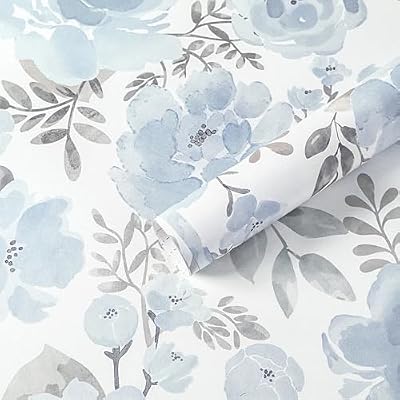 Micpolo Peel and Stick Wallpaper Floral Blue Wall Paper Boho Watercolor Waterproof Wallpaper for Bathroom Laundry Room Removable Self Adhesive Contact Paper Vinyl Roll Shelf 17.3inx78.7in