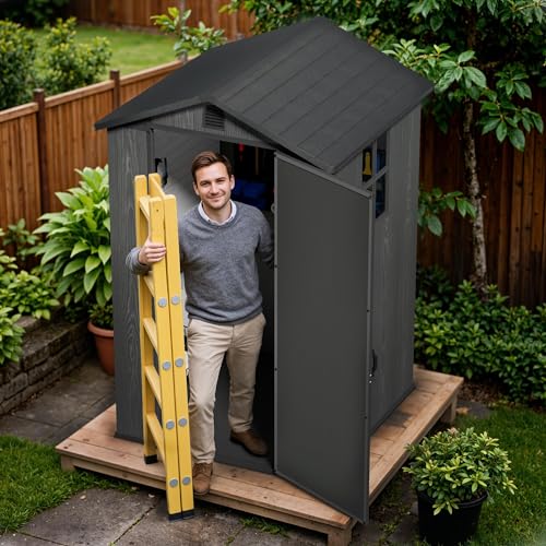 Image of Devoko 4x4 FT Storage Shed with Floor, Plastic Outdoor Garden Shed with Windows for Patio Backyard Lawn, Dark Gray