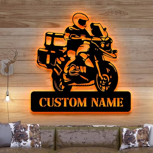 Image of Personalized Motorcycle Metal Wall Art LED Light, Adventure Motorcycle Metal Wall Decor, Motorcycle Metal Sign, Outside Wall Hanging, Home Decor, Birthday Gift, Christmas Gift