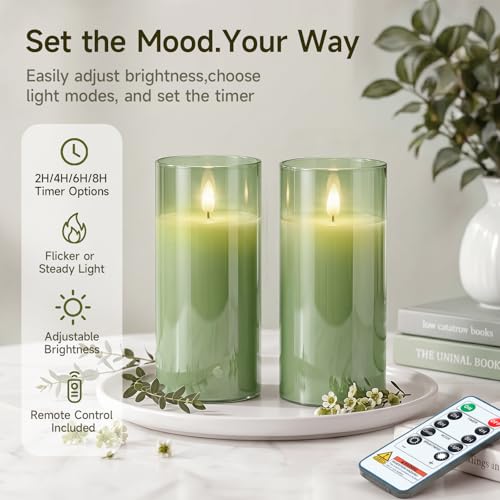 Image of Homemory Sage Green Glass Flameless Candles Battery Operated LED Pillar Candles with Remote and Timer, Real Wax Flickering Candles Home Decor, Wedding, Easter, Farmhouse, Table Centerpieces, Set of 2