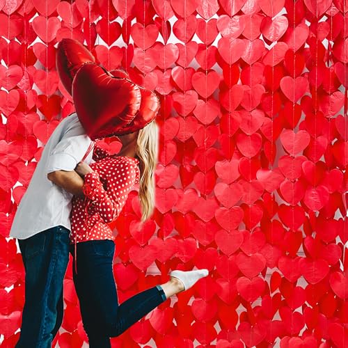Image of 205 Ft Red Party Decorations Red Heart Backdrop Streamer Tissue Paper Love Heart Hanging Garland for Valentines Birthday Anniversary Engagement Wedding Bridal Shower Hen Party Supplies