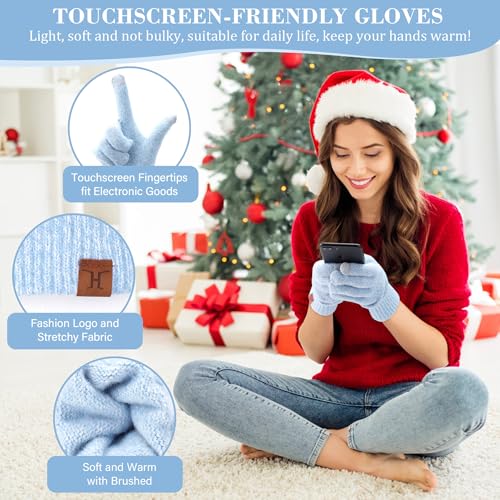 Womens Winter Warm Beanie Hat Touchscreen Gloves Long Scarf Set Rib Cable Knit Fleece Lined Skull Pom Caps3