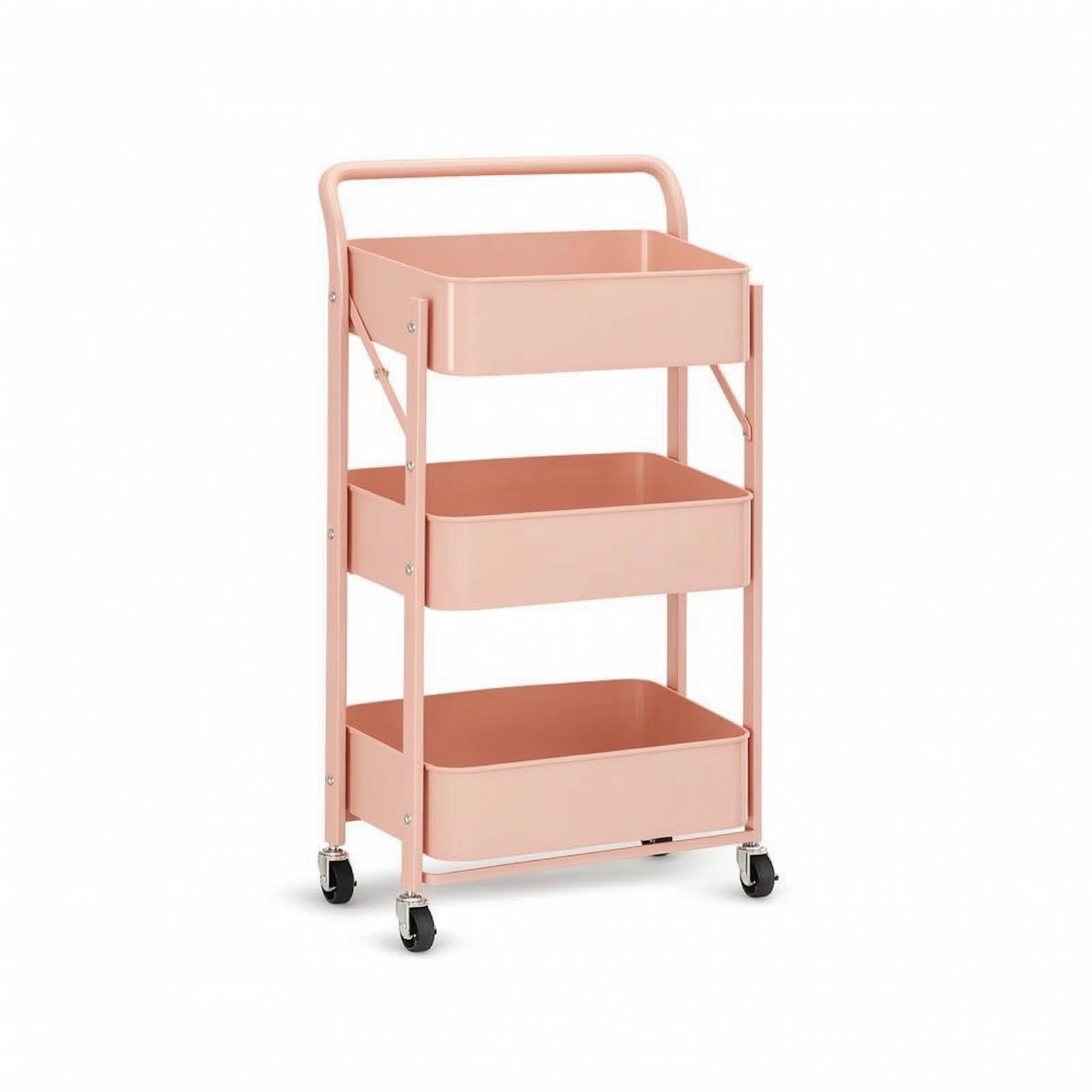 Rolling Cart with Mesh Baskets Space-Saving 3 Tiered Rolling Cart Compact for Students, Kitchen, Dorm Room, Small Apartments Pink 3-Tier with Handle-image-6
