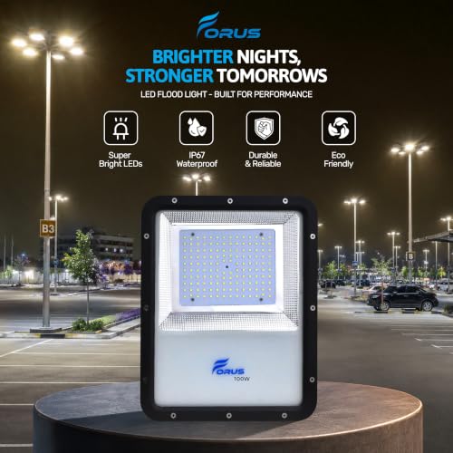 Image of Forus 100W LED Flood Light, IP67 Waterproof Outdoor LED Floodlight, 4-Yrs Warranty High Mast Focus Natural White, Energy Efficient Halogen Replacement for Factory, Garage, Parking, Garden, Shop (1 PC)