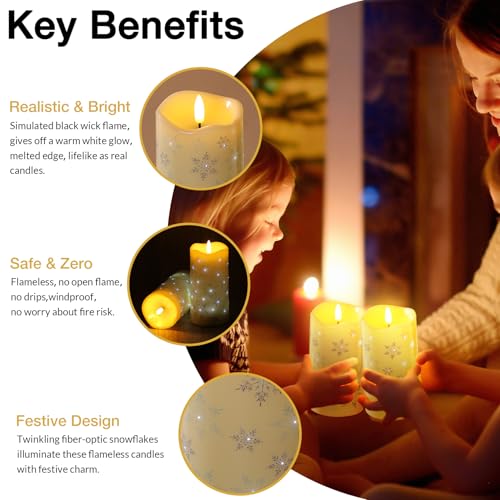 Image of Eywamage Christmas Flameless Pillar Candles with Remote, Snowflakes Fiber Optic LED Candles Battery Operated Set of 3