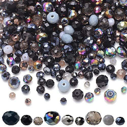 KINGSHINE 1000pcs Faceted Rondelle Beads 4/6/8mm Crystal Glass Beads for Jewelry Making Assorted 3 Sizes Spacer Loose Beads with Storage Box(Black Color)