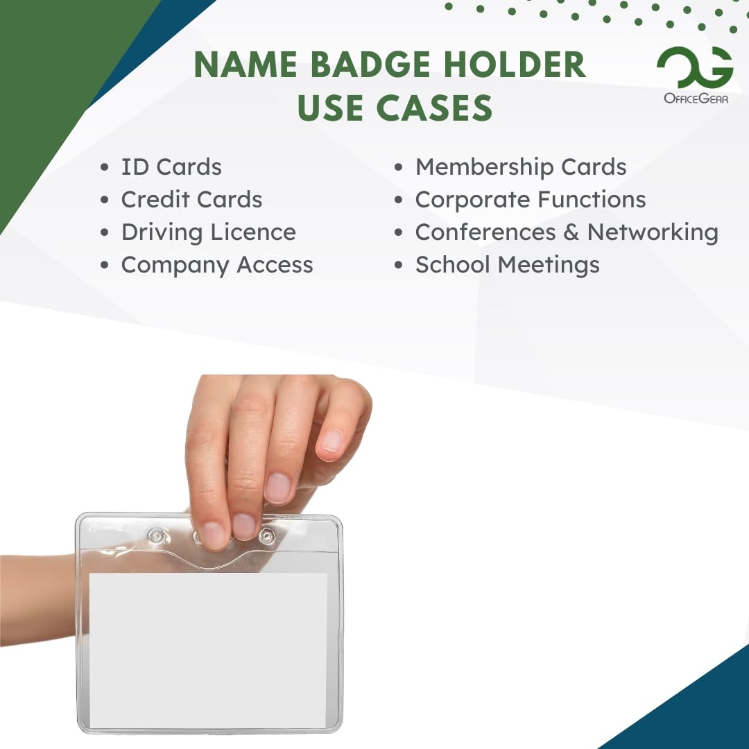 OfficeGear Porta badge per eventi [confezione da 100] da appendere orizzontalmente, formato A7 (10,2 x 7,6 cm, 150 x 74 mm), più 100 clip da bavero, parte superiore aperta per carte d'identità