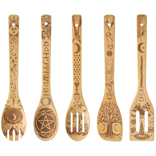 Adiwo 5 Piezas Cucharas de madera, juego de Accesorios de Utensilios de Cocina Grabados, Regalo de Cocina Perfecto para el día de la Madre Boda Halloween y Navidad