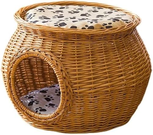 Rutexc 猫用ベッド、二段式ドーム型ペットハウス、藤と柳の工芸品、天然素材、籐バスケット、通気性、室内装飾、夏は涼しく、オールシーズン対応