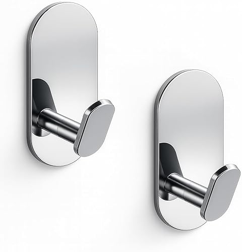 Ganchos adhesivos para toallas de baño, paquete de 2 ganchos de pared adhesivos de acero inoxidable cromado pulido y aleación de zinc para colgar